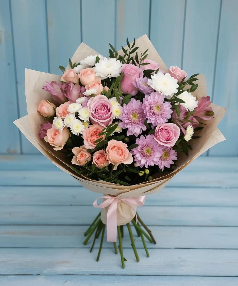 Букет цветов из: Хризантемы, Розы и Альстромерии в Агинском