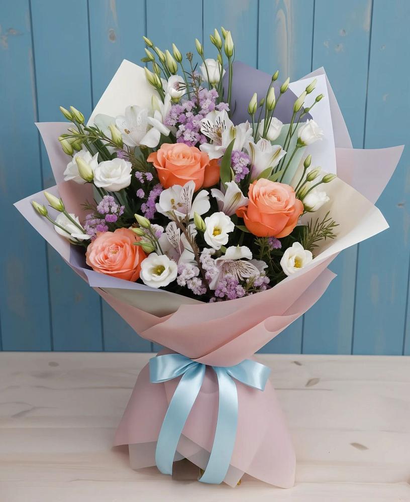 Букет цветов из: Лизиантусы, Розы, Альстромерии и Гипсофила в Агинском