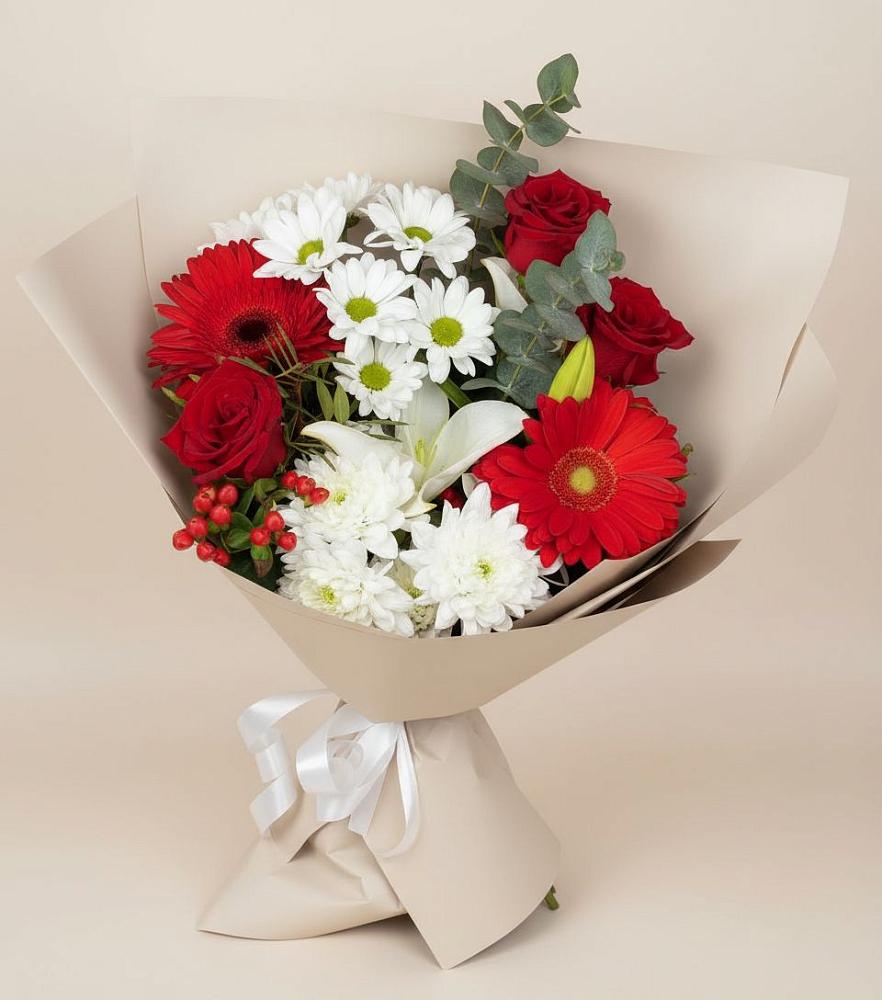 Букет цветов из: Розы, Хризантемы, Герберы и Лилии в Агинском